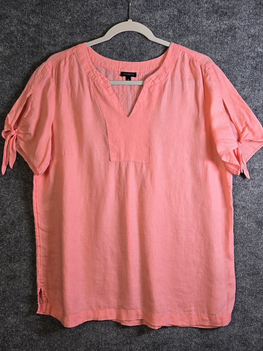 TALBOTS Top Womens M Pink Linen Tie Sleeve Pleat Back Boho Beachy